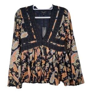 Romeo & Juliet Couture Blouse V-Neck Embroidery Paisley Large Black Flowy New